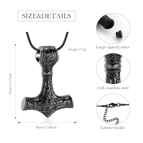 Thor Hammer Urn Necklace for Ashes Viking Cremation Jewelry for Women Men Stainless Steels Memorial Necklaces Ash Holder for Human Pets Keepsake Jewelry for Loved Ones with Fill Tool Black