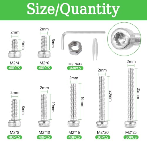 AvrestYPT 520-piece M2 screw assortment kit with stainless steel hex socket screws, nuts, washers, and wrench