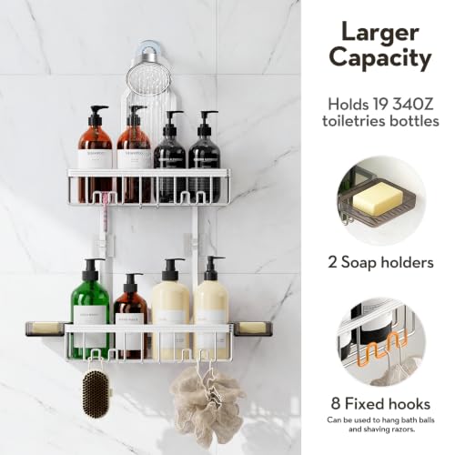 Shower Caddy Hanging, Never Rust Shower Organizer Hanging, Aluminum Shower Racks for Inside Shower with Hooks for Razor, Bathroom Organizers and Storage with Soap Holder, Bright Silver
