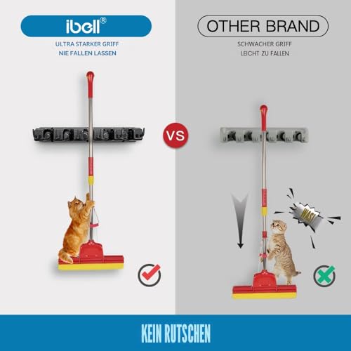ibell Pack of 2 Broom Holder Wall, Tool Holder Wall Mount with 10 Holders and 12 Hooks, Broom Holder, Tool Holder, Garden Tool Holder, Organizer for Home, Kitchen, Bathroom, Garage, Garden 2 pieces Black