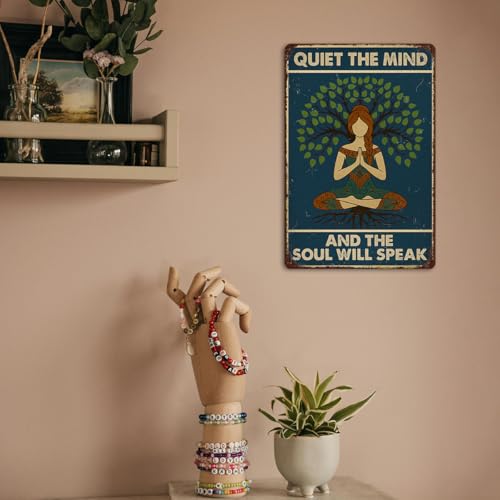 Meditation Wall Art Metal Tin Sign – Zen Decor and Yoga Wall Decor with “Quiet the Mind and the Soul Will Speak”, Spiritual Wall Art and Mindfulness Gift for Women, Yoga Studio, Meditation Room, or Home, 8x12 Inch