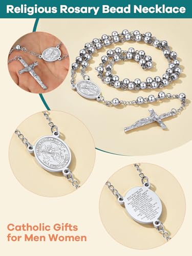 Supcare Rosary for Men Women Catholic Necklace Rosary Beads Customized D01-Michael Silver