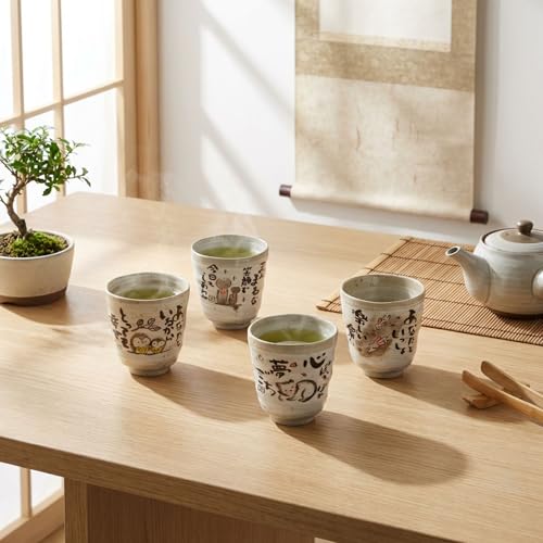 Japanese Tea Cups Handleless Coffee Mugs 6.4 oz Set of 4 Owl,Jizo Statue,Cat,Rabbit
