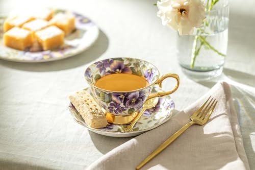 Grace Teaware Purple Pansy Gold Bone China Tea Cup and Saucer with Gold Trim