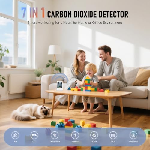 Dienmern 8-in-1 CO2 detector and indoor air quality monitor in white with CO2, temperature, humidity display and battery