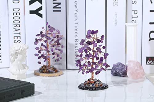 Amethyst Healing Crystal Tree of Life Natural Gemstone Agate Slice Base Copper Wire Wrapped Money Trees Feng Shui Reiki Spiritual Energy Decorations Home Office Room Desk Decor Gifts for Women Men Purple-amethyst