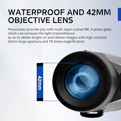 10x42 Monocular Telescope High Power HD, 330g Ultra-Lightweight & Portable, BAK4 Prism Metal Frame, with Phone Adapter Tripod for Bird Watching, Hunting, Travel, Concerts, Football Games