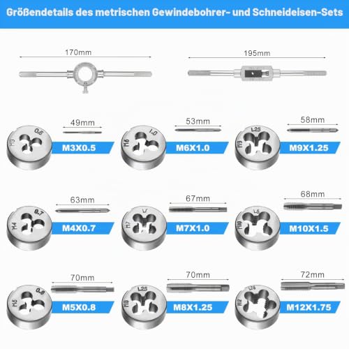 Tap and Die Set Metric Thread Cutting Set (20 Pieces, Blue) | M3-M12 Tap Die Set with Drill, Metric Tap Set for Female and Male Thread Blue 20pcs