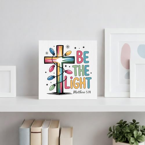 Inspirational Christian Sign Box Bible Verse Decor, Be The Light Matthew 5:14 Christmas Cross Wood Block Sign Decoration for Home Office Desk Table Shelf Wall
