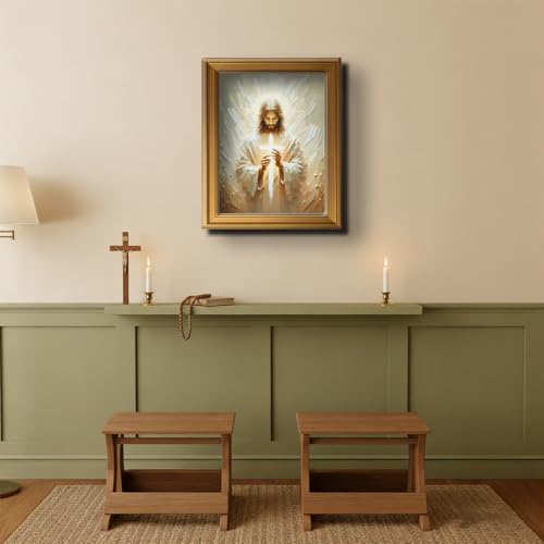 Golden Framed Jesus Wall Art Christian Canvas Painting Jesus Holding Cross Religious Wall Decor Cross Poster Prints Stripe Painting Picture for Living Room Bedroom Church Home Decoration 12x16 Inch white-poster 12"L x 16"W