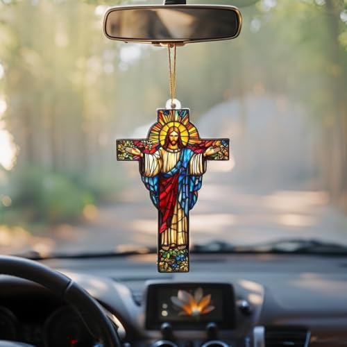 Stained Glass Jesus Cross Car Hanging Ornament – Acrylic Rearview Mirror Charm, Christian Cross Sun Catcher for Car or Home, Inspirational Religious Gift for Men & Women(Sun-29) Sun-29