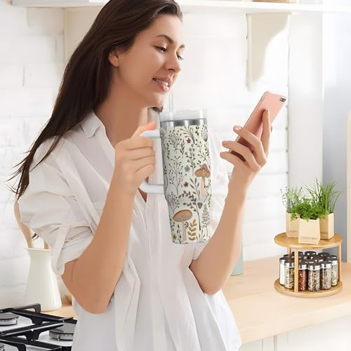 30 oz Tumbler with Straw & Handle - 2 in 1 Lids Leak Proof Tumblers - Large Insulated Stainless Steel Cup - BPA-Free Water Bottle Travel Metal Mug for Women Man, Cute Boho Mushroom Botanical Mushrooms Botanical Mushroom 30 Ounces