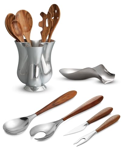nambe Curvo Serving Spoon | 13 Inch Serving Spoon for Buffets, Salads, and Dinner Parties | Made of Stainless Steel and Acacia Wood | Designed by Steve Cozzolino