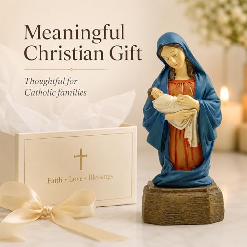 Virgin Mary Statue, Mother Mary Figurine, Catholic Religious Decor Deep Blue Virgin Mary Holding Baby Jesus Figurine