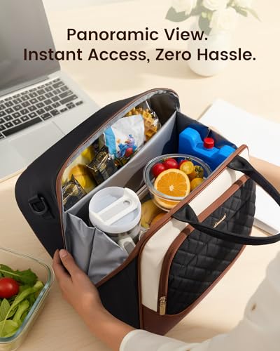 LOVEVOOK Insulated Lunch Bag for Women,Large Adult Lunch Box Cooler with Anti-Shifting Triangular Lid,Fixing Buckle for 40oz Tumbler,Wide Opening Tote Bag for Work Picnic Beach Family Nurse Teacher Black / Off White / Brown X Large-19.6L