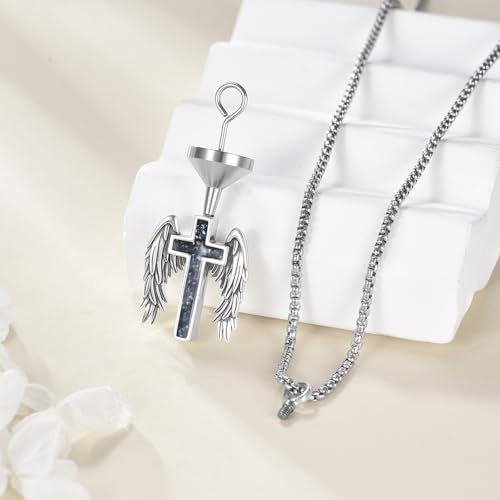 ONEFINITY Religious Urn Necklace for Ashes 925 Sterling Silver Cross/Angel Wing/Butterfly/Raphael Abalone Shell Pendant Necklace Cremation Memorial Keepsake Jewelry Gift for Ashes of Loved One Women Cross Angle Wings