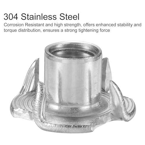 HARFINGTON 3/8-inch 4-prong 304 stainless steel T-nuts for wood, furniture, and climbing holds, 50-piece set