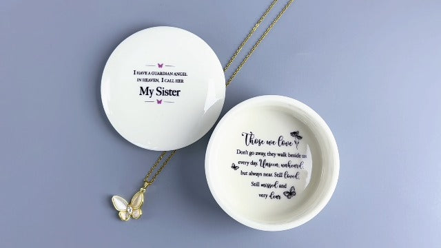 Sister Memorial Gifts, Ceramic Keepsake Jewelry Box, Butterfly Necklace Sister
