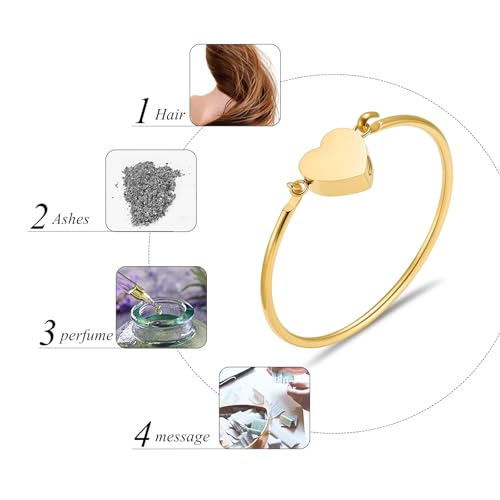 Heart Urn Bangle Bracelet for Ashes - Stainless Steel Cremation Jewelry for Ashes Engravable Memorial Keepsake Waterproof Ashes Holder Bracelet Unisex Sympathy Gift for Men & Women Gold