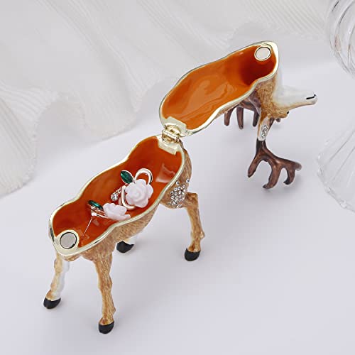 Hand Painted Enamel Christmas Reindeer Trinket Box, Hinged Jewelry Organizer Storage, Unique Home Decor Keepsake Collectible Figurine, Personalized Decoration Ornament Gifts (Brown Reindeer) Brown Reindeer