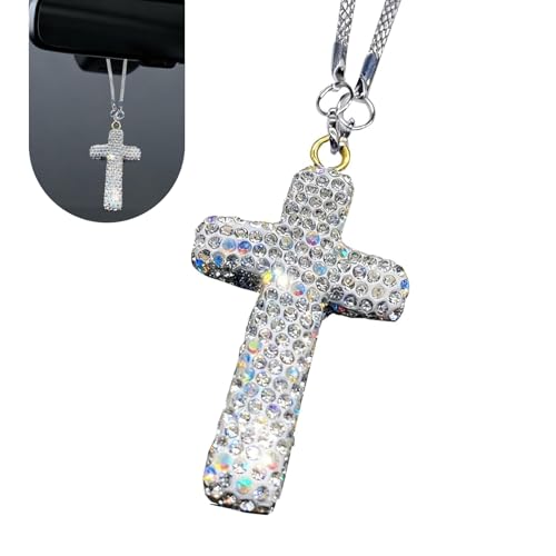 Bling Cross Car Mirror Hanging Accessories, Crystal Rhinestone Car Rearview Mirror Pendant, Double-Sided Diamond Rear View Mirrors Charms, Universal Lucky Interior Ornament Pendant (Silver) 1 PC Silver