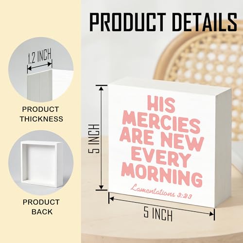 Pink Christian Wooden Box Sign 5x5 Inch, Christian Home Decor, His Mercies Are New Every Morning Bible Verse Religious Decorative Wood Signs for Home Office Desk Tabletop Shelf Decorations Wooden Box Sign E