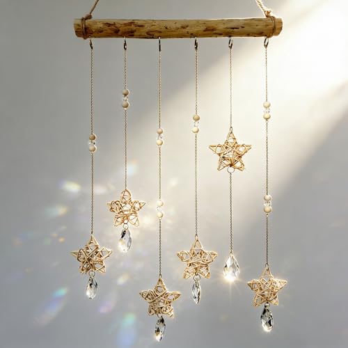 Sun Catcher Indoor Window Rattan Stars and Crystal Suncatcher for Windows Hanging Boho Home Wall Whimsical Decor