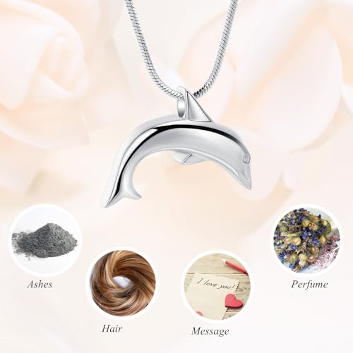 Minicremation Dolphin Shape Cremation Jewelry Necklace for Ashes Stainless Steel Ashes Holder Memorial Jewelry Keepsake Urn Pendant +fill kit Silver