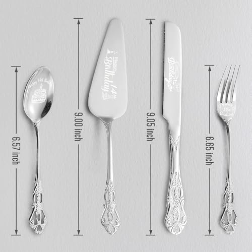 Happy 14th Birthday Personalized Laser Engraved Stainless Steel Cake Tableware Set:Cake Server,Plate,Knife,Spoon, Fork - Memorable 14 Year Old Gift Keepsake