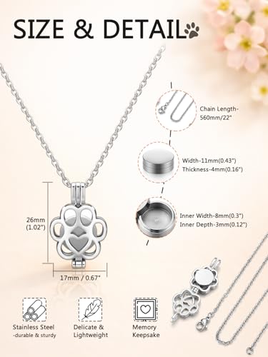 Pet Cremation Jewelry For Ashes Stainless Steel Pet Paw Memorial Locket Urn Necklace For Dog Cat Mini Case Inside Memorial Keepsake Cremation Jewelry Women Men Silver