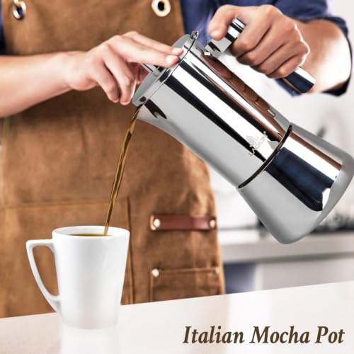 LAOION Stovetop Espresso Maker, 4Cup 6.8 oz Moka Pot, Stainless Steel Silver 4-Cup