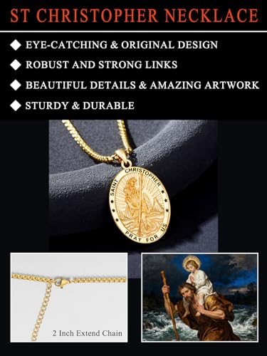 Seiyang 925 Sterling Silver St Michael/St Christopher/St Raphael/St Jude/St Benedict Crucifix Pendant/Nail Cross Necklace Religious Amulet Jewelry Gift for Men Women (with Gift Box) B07-Christopher(Oval)-Gold
