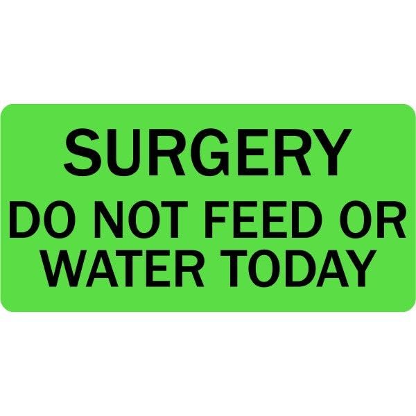 Surgery Do Not Feed Or Water Today - Veterinary Labels - 2” x 1”, [500 Labels/1 Roll], Fluorescent Green | Medical Charts or Cages - Key Information Leading Up to Animal's Surgery | LabelValue Brand