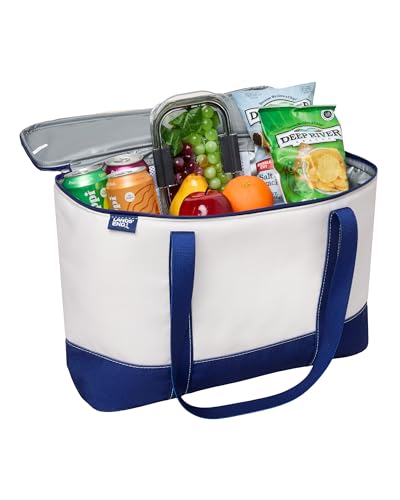 Lands' End navy rectangular large insulated cooler bag, soft canvas lunch bag with 8-gallon capacity and sturdy handles.