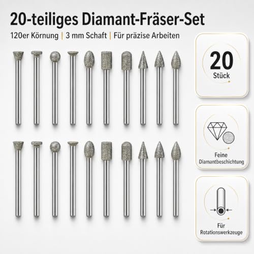 20 Piece Diamond Cutter Set for Dremel 3 mm Shank 120 Grit for Engraving Grinding Polishing Stone Glass Ceramic