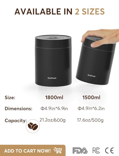 OUTPEAK Neo Latest Kilo Auto Vacuum Coffee Canister, 1.5L Capacity for 17.6oz of Coffee Beans, One-Button Operation, Stainless Steel Coffee Storage Container with Scoop (Barista Champion's Choice) 1.5L-Stainless Steel-Space Grey