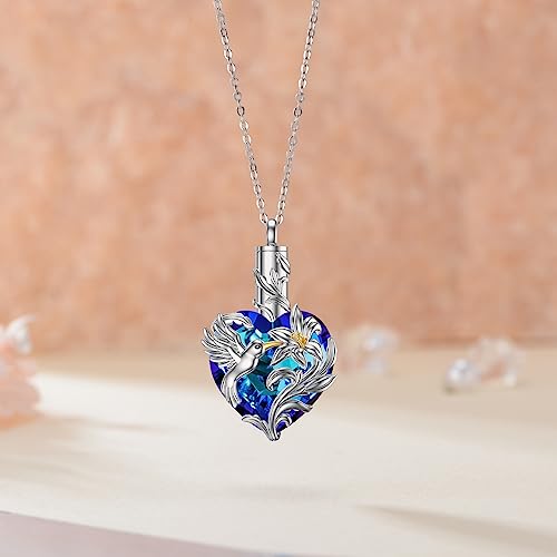 VONALA Hummingbird Urn Necklace for Ashes S925 Sterling Silver Hummingbird Cremation Jewelry for Ashes for Women Hummingbird Memory Ashes Keepsake Necklace for Loss Loved Ones Women Blue