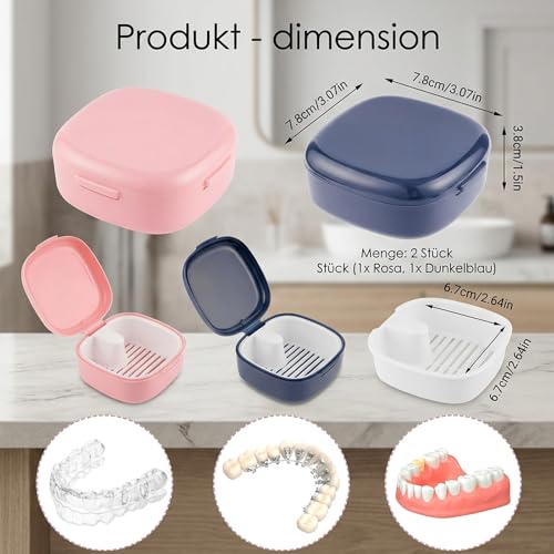 Pack of 2 Denture Box, Denture Box, Braces Box, Denture Box for Travel and Everyday Life, Elegant Colors Pink and Black, Compact Dimensions 3.8 x 7.8 x 7.8 cm