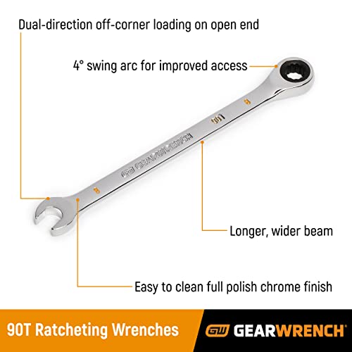 GEARWRENCH 19mm 90T 12-point ratcheting combination wrench, polished metal finish