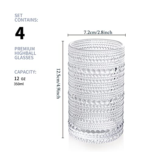 Hobnail Drinking Glasses Set of 4, Art Deco Vintage Glassware, 12 oz Tall Crystal Tumblers, Clear Embossed Glass Cups, Romantic Iced Beverage Glass, for Beer, Cocktail, Soda, Cappuccino