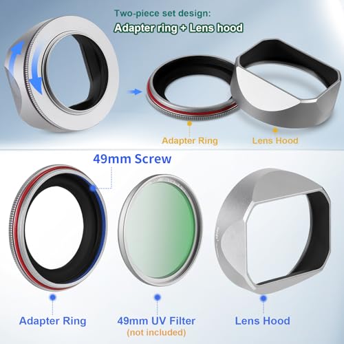 Haoge Squaret Metal Lens Hood for Fujifilm XF23mm F2.8 on XE5 Cemera Body kit Fujinon XF27mmF2.8 R WR Lense 39mm Screw-in Hood Silver,with Metal Cap