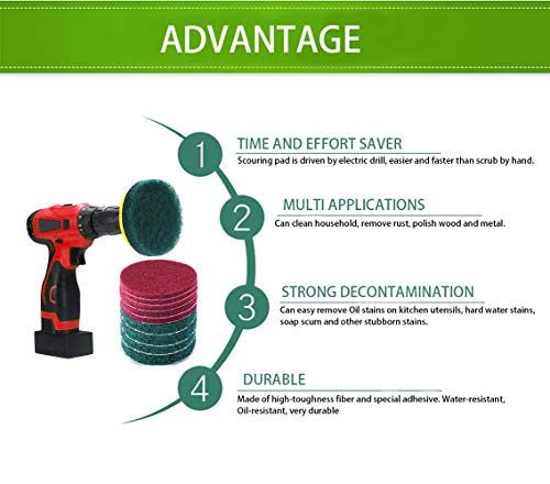 10Pcs Scouring Pads Cleaning Kit for Drill, Kagni 4 Inch Power Scrubber Drill Brush Attachment, Includes 5 Non-Scratch Red Pads and 5 Stiff Green Pads (Drill NOT Included)