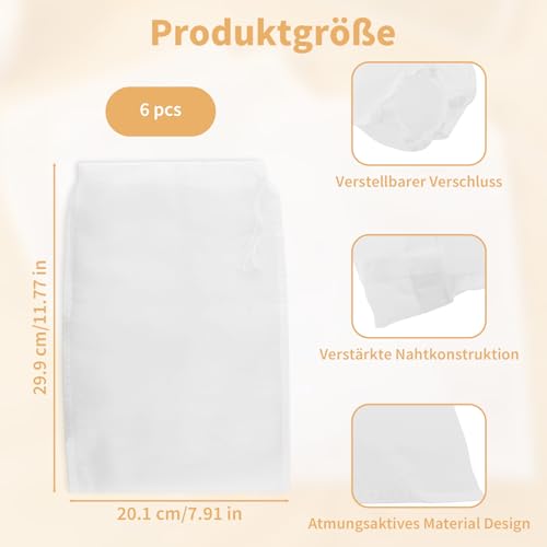 Pack of 6 Nut Milk Bags, 200 Mesh Reusable Straining Cloth, Cheese Cloth, Fine Mesh Filter Cloth with Drawstring, Organic Washable for Nut Milk, Cheese, Fruit Juice, Coffee, Yogurt, Vegetable Juice (20 × 30 cm)
