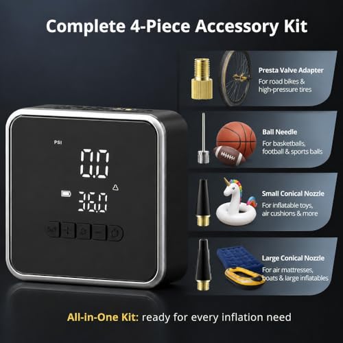 KinZon Portable Wireless Air Compressor - Car Tyre Inflator 150PSI Dual Power 12V + Battery, Auto Shut-Off Digital Display LED Lamp for Car, Motorcycle, Bike, Emergency