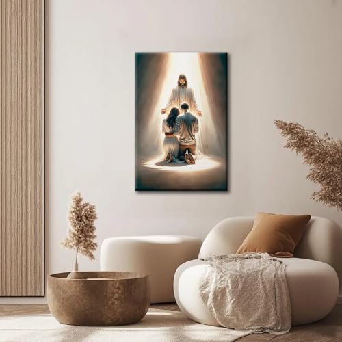 Framed Jesus canvas print wall art for couples seeking Jesus guidance in marriage Christian spiritual motivational poster living room prayer room home art decor 24x36in Ready to Hang Jesus prays