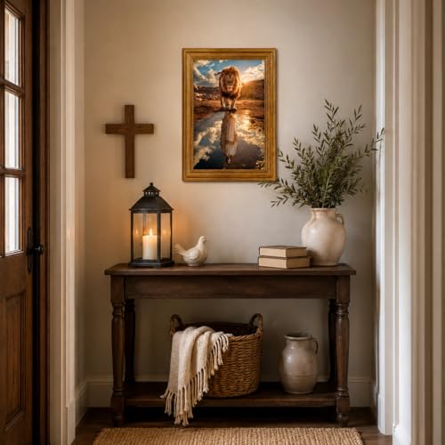 Lion of Judah Jesus Wall Art, Gold Framed Christian Decor, 12x16 inch 16"L x 12"W