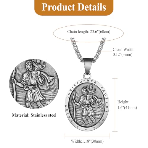 Flonge Men's Saint Christopher Necklace: Stainless Steel St Christopher Medal Necklace Religious Amulet Jewelry Gift For Men Silver