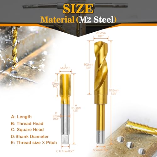 M22x1.5 Tap and 20.5mm Drill Bit for Metal,M2 HSS Metric Drill and Tap Set M22 x 1.5 Tap, 20.5mm Drill Tap and Drill Set