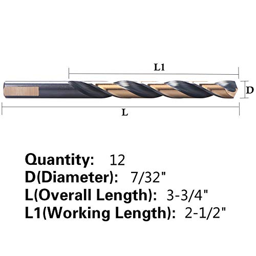 12 PCS, 7/32", Black and Gold Coated Twist Drill Bits (Pack of 2) 7/32 in (Pack of 2)