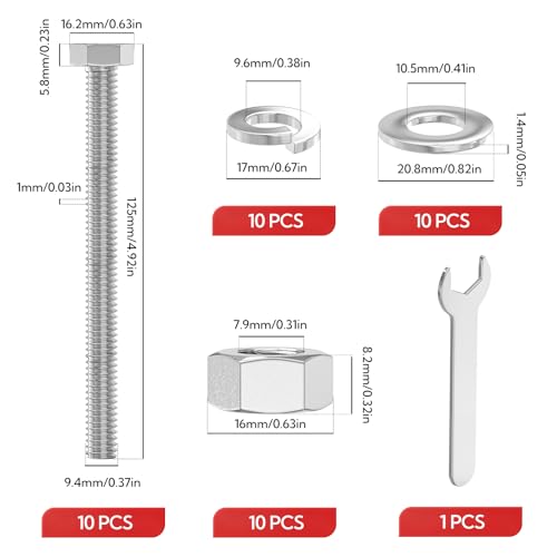 GAGIRA 10-piece 3/8-16 x 5-inch 304 stainless steel fully threaded hex bolts with nuts and spacers